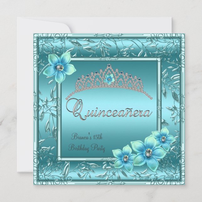 Invitation Quinceañera 15ème Turquoise Fleur bleue Silver Tia (Devant)