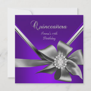 Invitation Quinceanera 15ème Violet Bleu Argent Gris Nœud