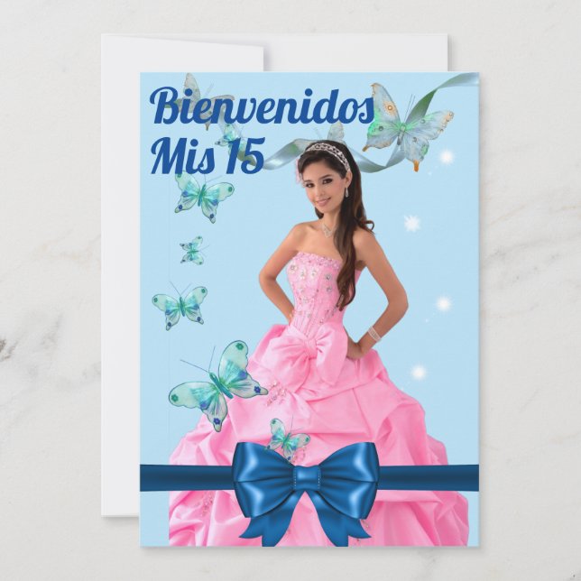 Invitation  QUINCEAÑERA 15th BIRTHDAY CARD, BLUE BUTTERFLY (Devant)