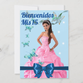 Invitation QUINCEAÑERA 15th BIRTHDAY CARD, BLUE BUTTERFLY