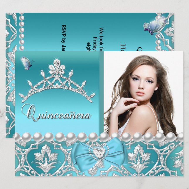 Invitation Quinceanera 15th Blue Damask Butterfly Ajouter une (Devant / Derrière)