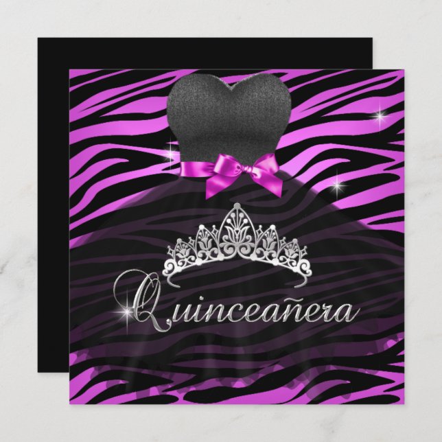 Invitation Quinceanera 15th Tiara Robe chaude rose noire Zèbr (Devant / Derrière)