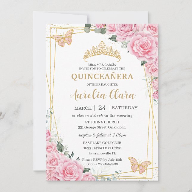 Invitation Quinceanera 16 Pink Roses Floral Gold Butterflies (Devant)