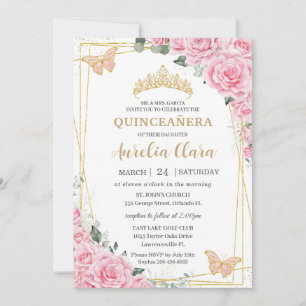 Invitation Quinceanera 16 Roses Roses Florales Papillons Doré