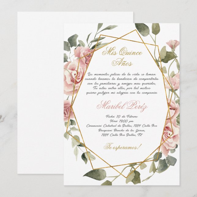 Invitation Quinceanera à fleur rose (Devant / Derrière)