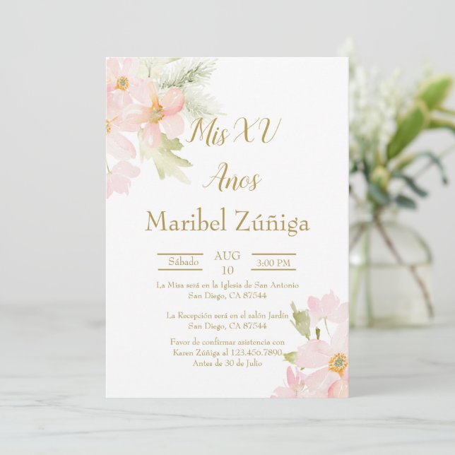 Invitation Quinceanera à fleur rose (Debout devant)