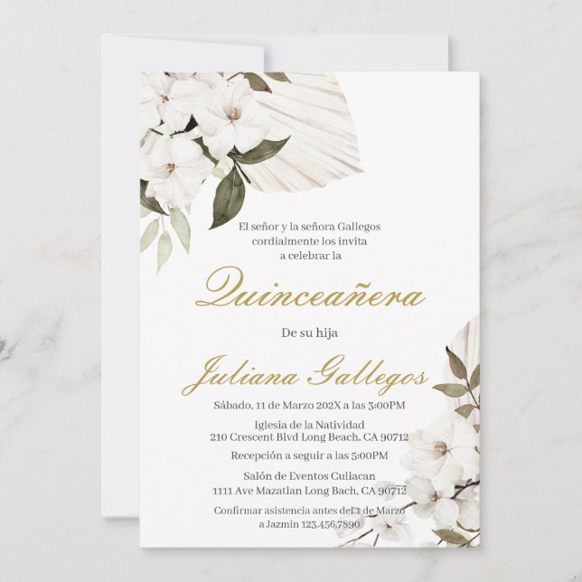 Invitation Quinceanera à fleurs de boho blanc (Devant)
