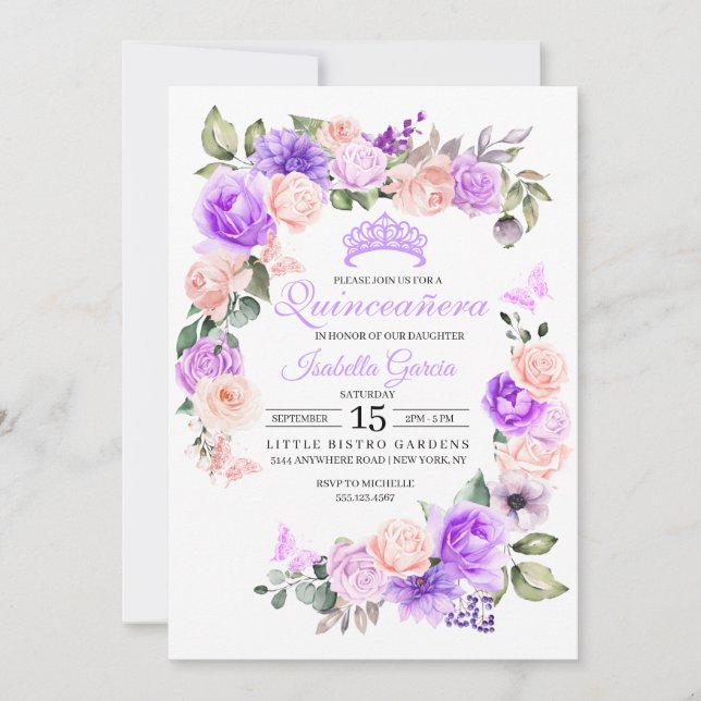Invitation Quinceanera à fleurs rose et violet (Devant)
