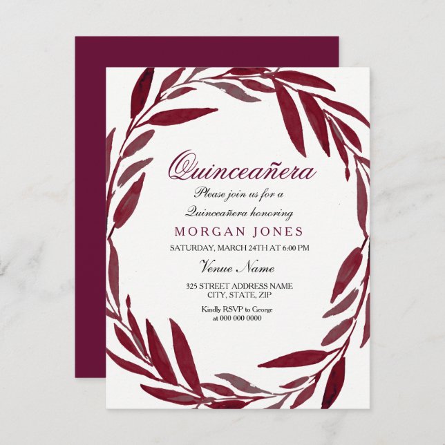 Invitation Quinceanera à la feuille de Bourgogne (Devant / Derrière)