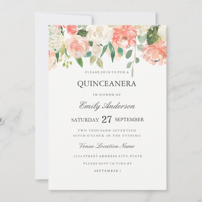 Invitation Quinceanera à l'aquarelle florale pêche (Devant)