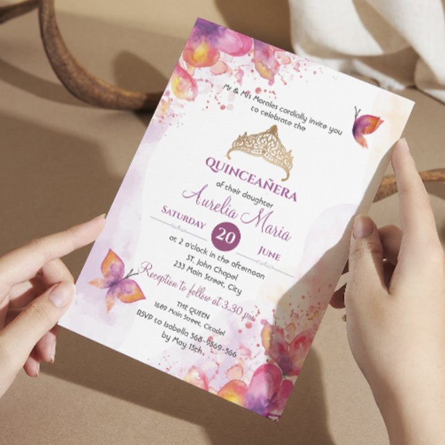 Invitation Quinceañera a mis quince Tiara Butterflies (Créateur téléchargé)