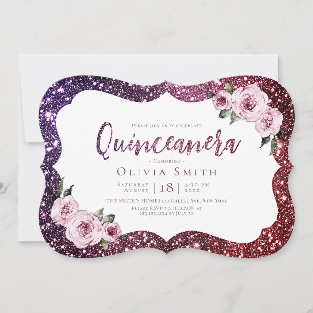 Invitation Quinceanera à parties scintillant fleurie pourpre  (Devant)