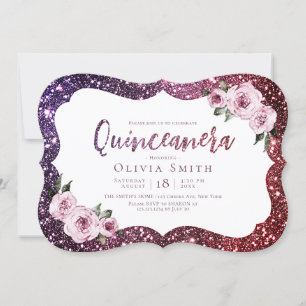Invitation Quinceanera à parties scintillant fleurie pourpre 