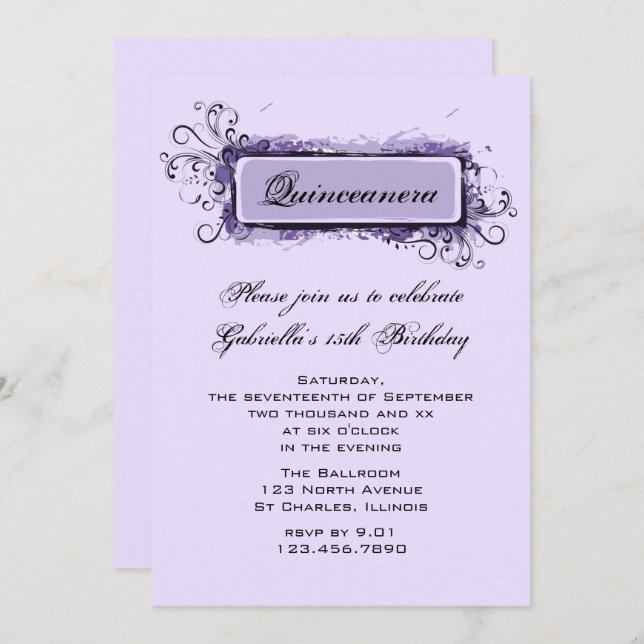Invitation Quinceanera Abstraite violette fête d'anniversaire (Devant / Derrière)