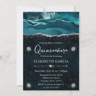Invitation Quinceanera Agate Pailleté de Teal et d'Argent