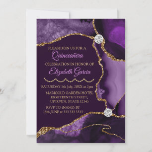 Invitation Quinceanera agate pailletée violet et or