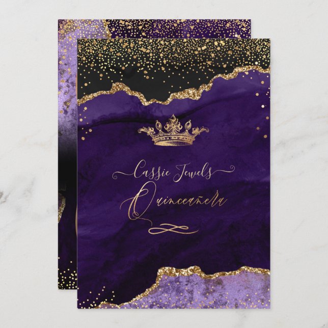 Invitation Quinceanera, Agate Violet Faux Gold Confetti (Devant / Derrière)