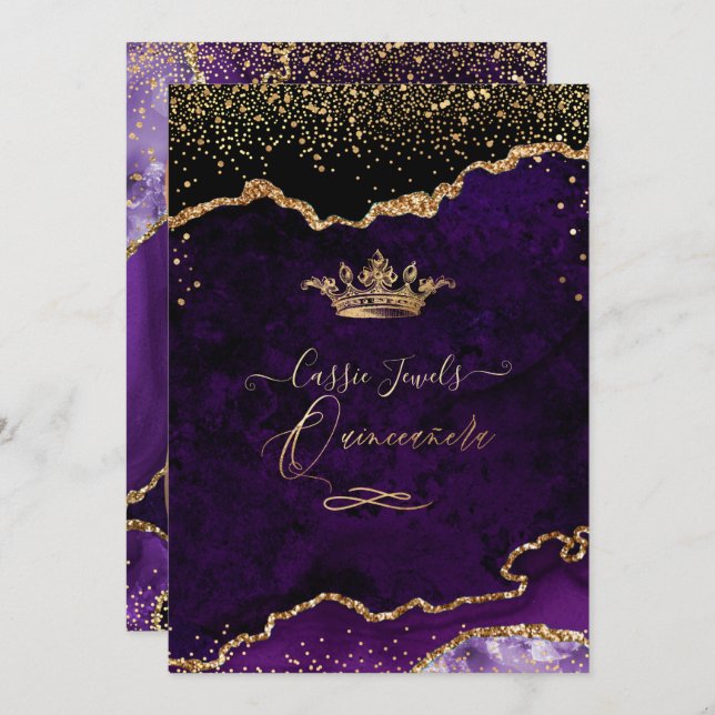 Invitation Quinceanera, Agate Violet Faux Gold Confetti Invit (Devant / Derrière)