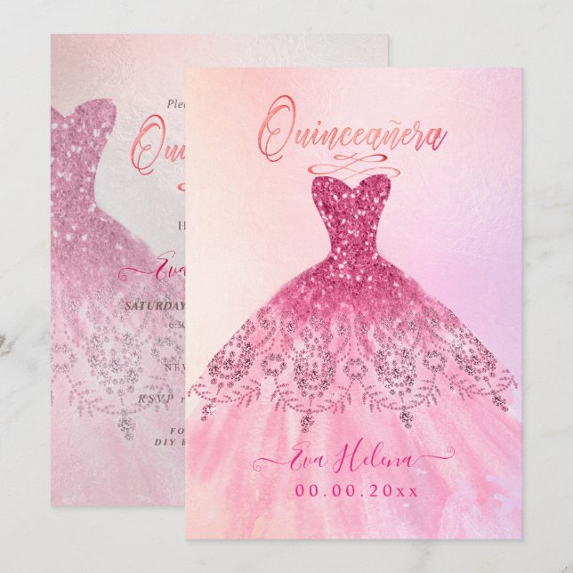 Invitation Quinceañera, Aiguille, Ombre de cerise rose (Devant / Derrière)