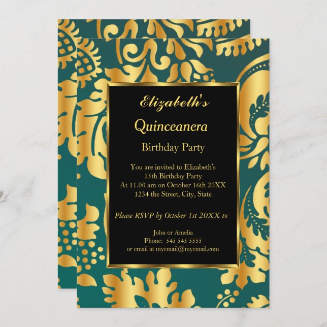 Invitation Quinceanera Annithday Party or Turquoise noir flor (Devant / Derrière)