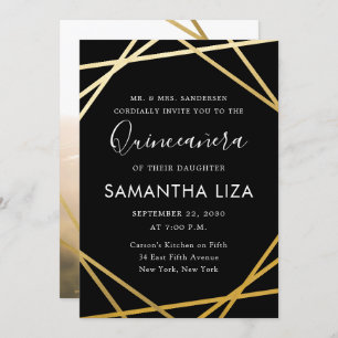 Invitation Quinceañera Anniversaire Black Gold Photo moderne