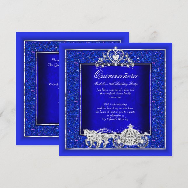 Invitation Quinceanera Anniversaire Cheval Carrie Royal Blue (Devant / Derrière)