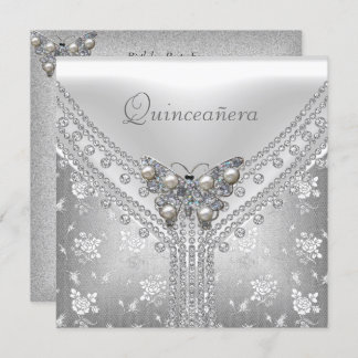 Invitation Quinceanera Anniversaire Fête Argent Blanc Papillo