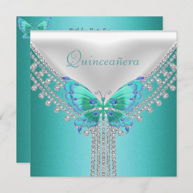 Invitation Quinceañera Anniversaire fête Bleu Bleu Blancs Pap (Devant / Derrière)