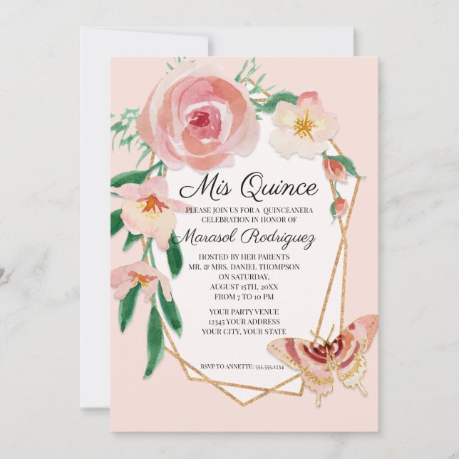 Invitation Quinceanera Anniversaire fête Blush Aquarelle Rose (Devant)