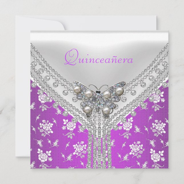 Invitation Quinceañera Anniversaire fête Papillon blanc viole (Devant)