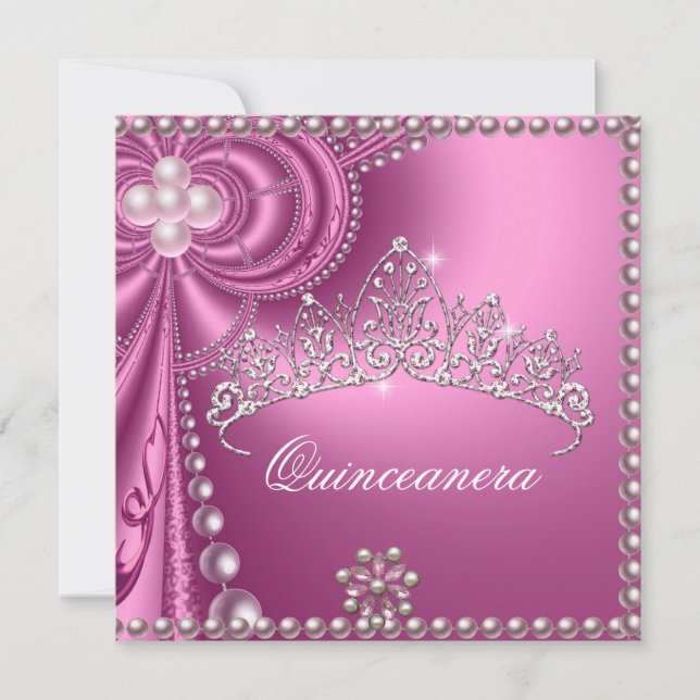 Invitation Quinceanera Anniversaire fête Pink White Pearl (Devant)