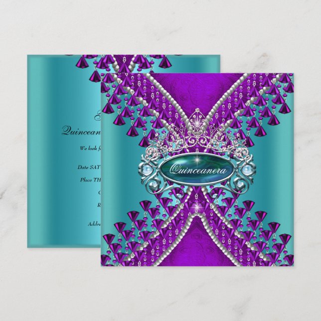 Invitation Quinceanera Anniversaire Fête Purple Turquoise Ble (Devant / Derrière)