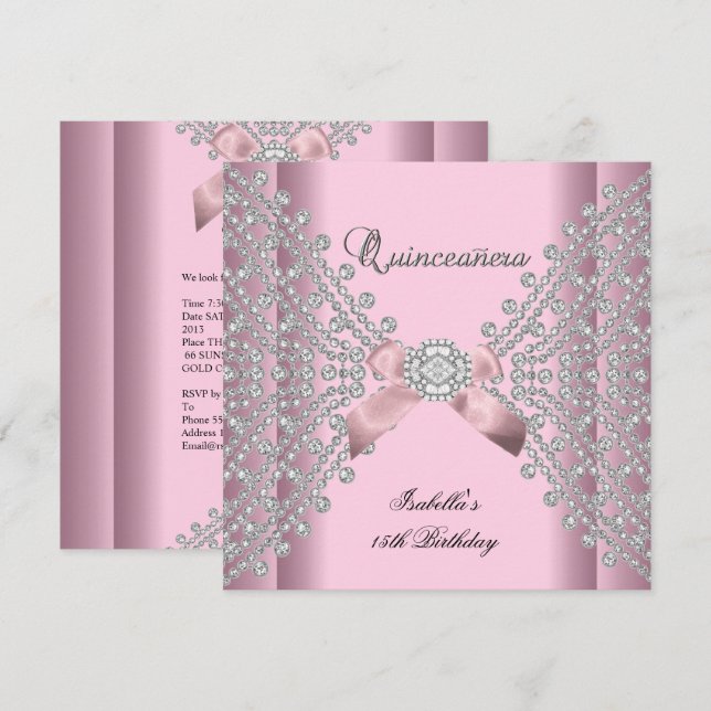 Invitation Quinceanera Anniversaire fête Rose Diamants blancs (Devant / Derrière)