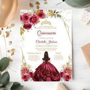 Invitation Quinceanera Anniversaire Fleurs Rouge Bourgogne
