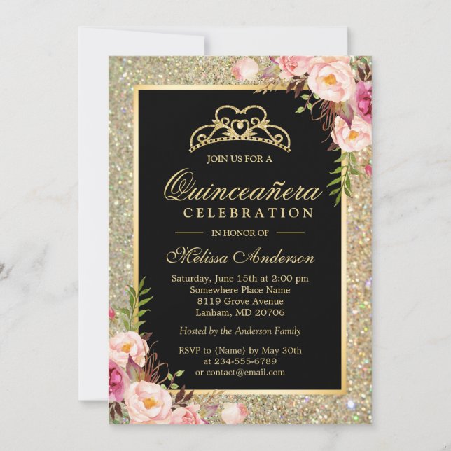 Invitation Quinceanera Anniversaire Floral Parties scintillan (Devant)