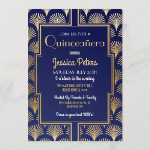 Invitation Quinceanera Anniversaire Gatsby Art Déco Gold