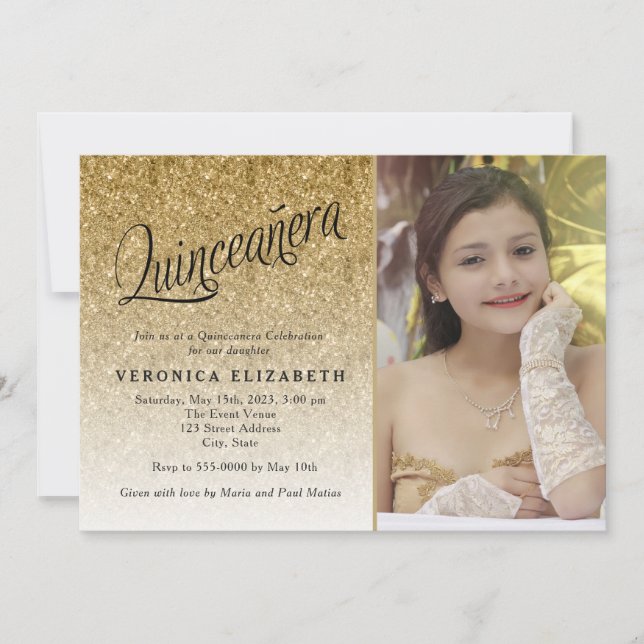 Invitation Quinceanera Anniversaire Gold Parties scintillant  (Devant)