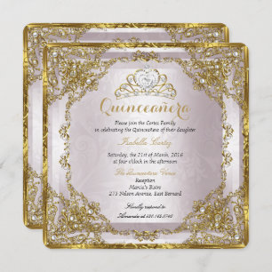 Invitation Quinceanera Anniversaire Gold Pearl rose Damask