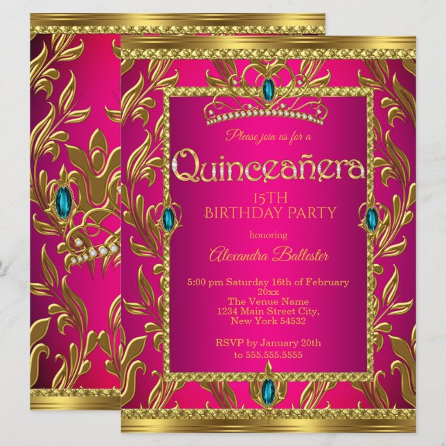 Invitation Quinceanera Anniversaire Hot rose Turquoise Bleu T (Devant / Derrière)