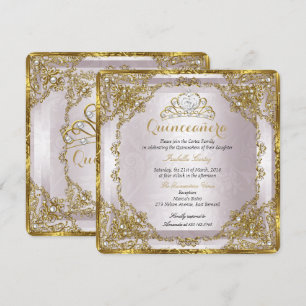 Invitation Quinceanera Anniversaire Or Perle Rose Damassé
