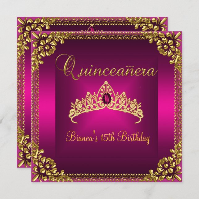 Invitation Quinceanera Anniversaire Pink Tiara Gold Bijou Gem (Devant / Derrière)