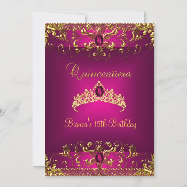 Invitation Quinceanera Anniversaire Pink Tiara Gold Bijou Gem (Devant)