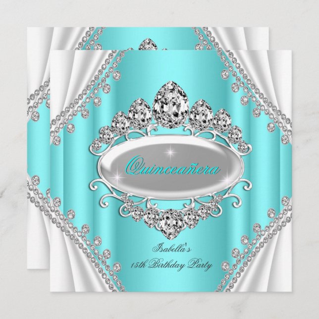 Invitation Quinceañera Anniversaire Princesse Diamant Turquoi (Devant / Derrière)