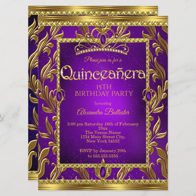 Invitation Quinceanera Anniversaire Purple Bleu Tiara Or (Devant / Derrière)