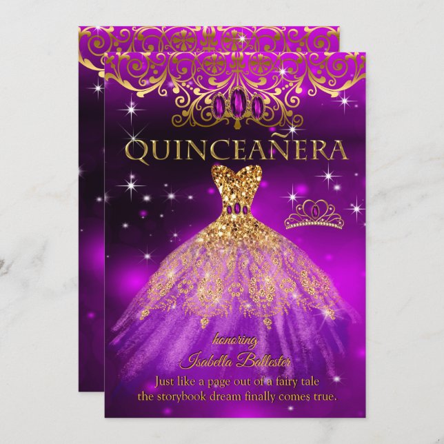 Invitation Quinceanera Anniversaire Purple Magenta Tiara Gold (Devant / Derrière)
