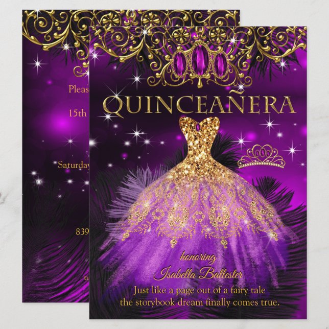 Invitation Quinceanera Anniversaire Purple Magenta Tiara Gold (Devant / Derrière)