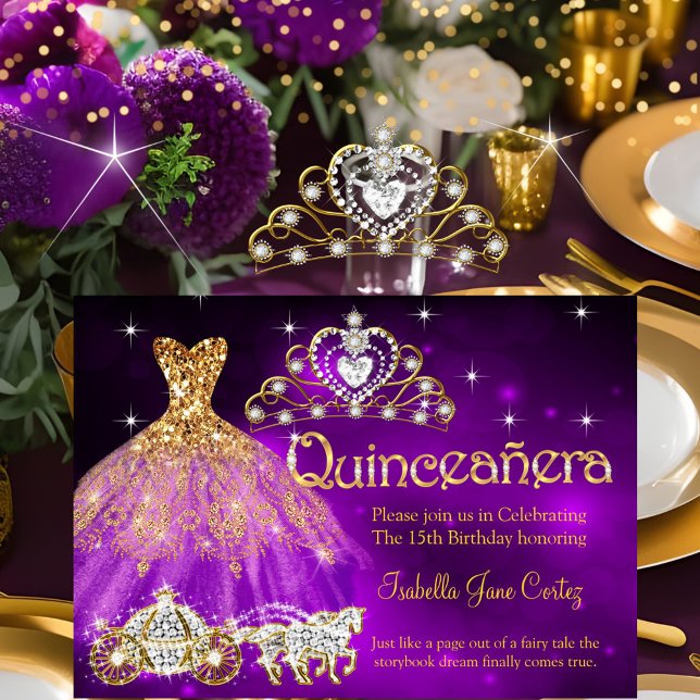 Invitation Quinceanera Anniversaire Robe violette Tiara Carri (Créateur téléchargé)
