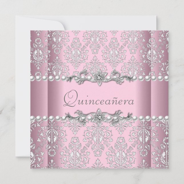 Invitation Quinceañera Anniversaire rose argent blanc Pearl d (Devant)