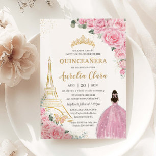 Invitation Quinceañera Anniversaire Rose Floral Paris Eiffel