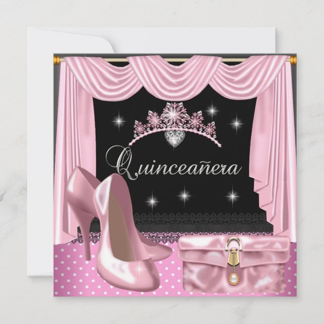 Invitation Quinceanera Anniversaire rose noir blanc (Devant)
